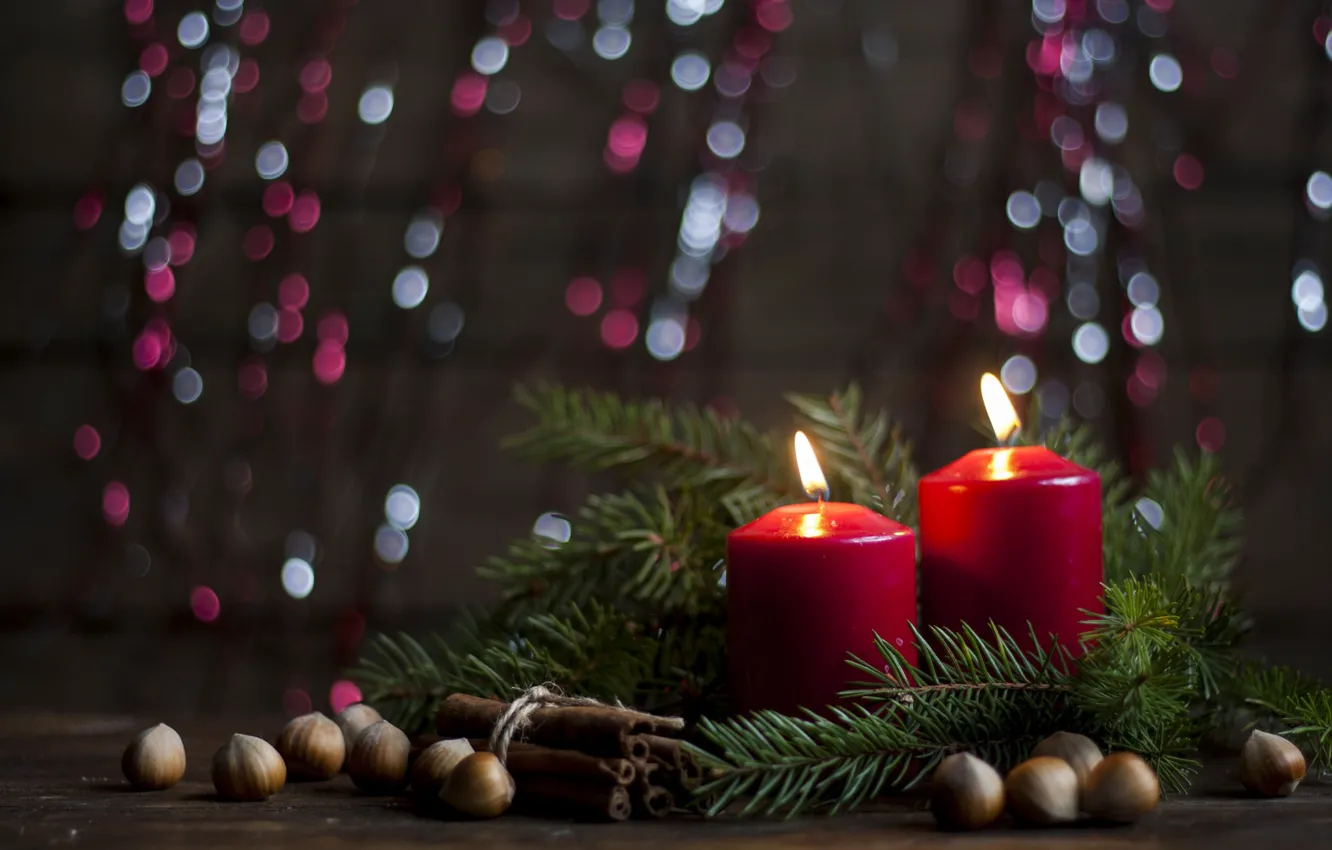 Photo wallpaper branches, rain, holiday, new year, Christmas, spruce, candles, tree