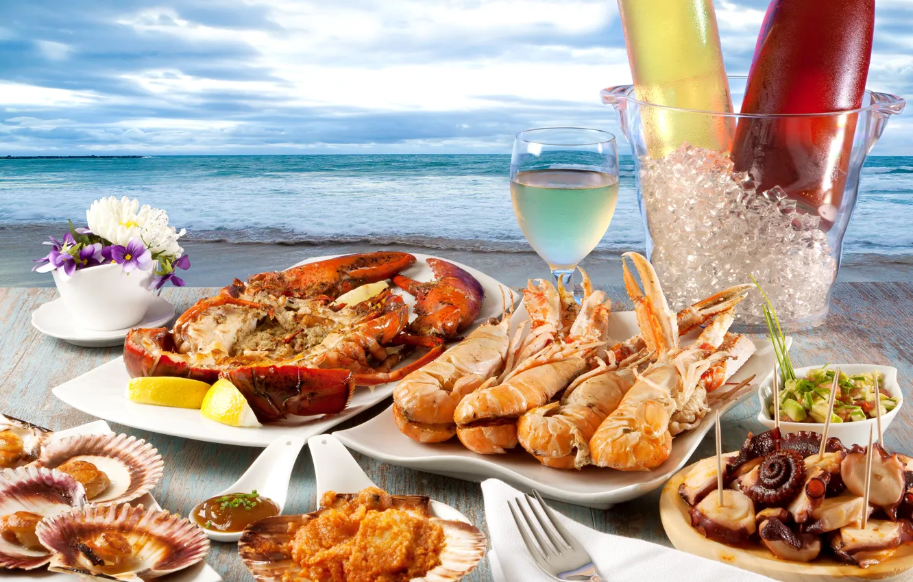 Photo wallpaper ice, sea, wine, crab, shell, sea, caviar, wine