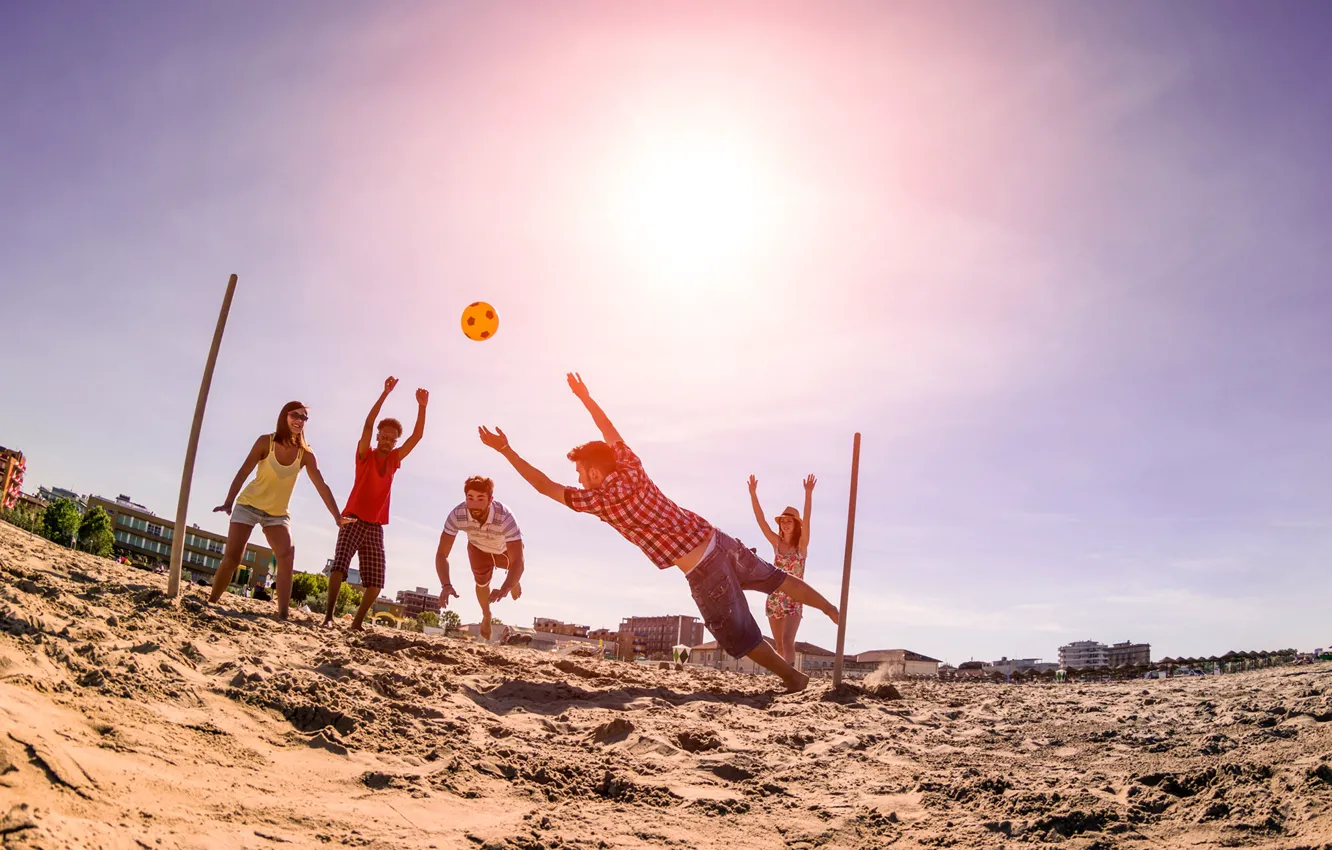 Photo wallpaper sand, beach, the sun, joy, girls, mood, the ball, guys