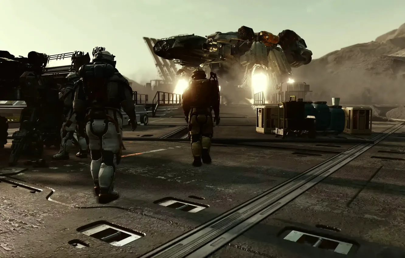 Photo wallpaper engine, flame, people, ship, the suit, landing, Starfield