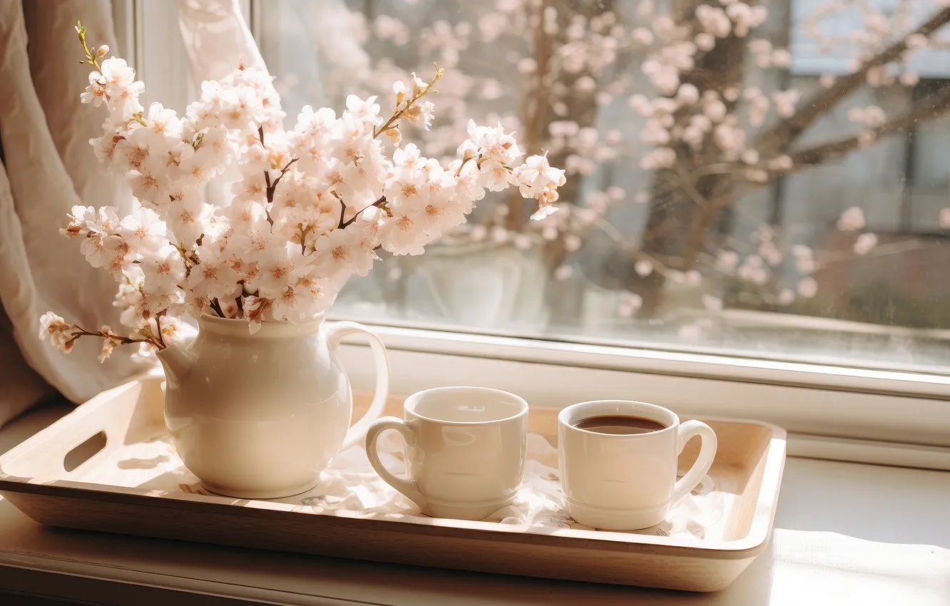 Photo wallpaper glass, light, flowers, branches, cherry, reflection, tea, coffee