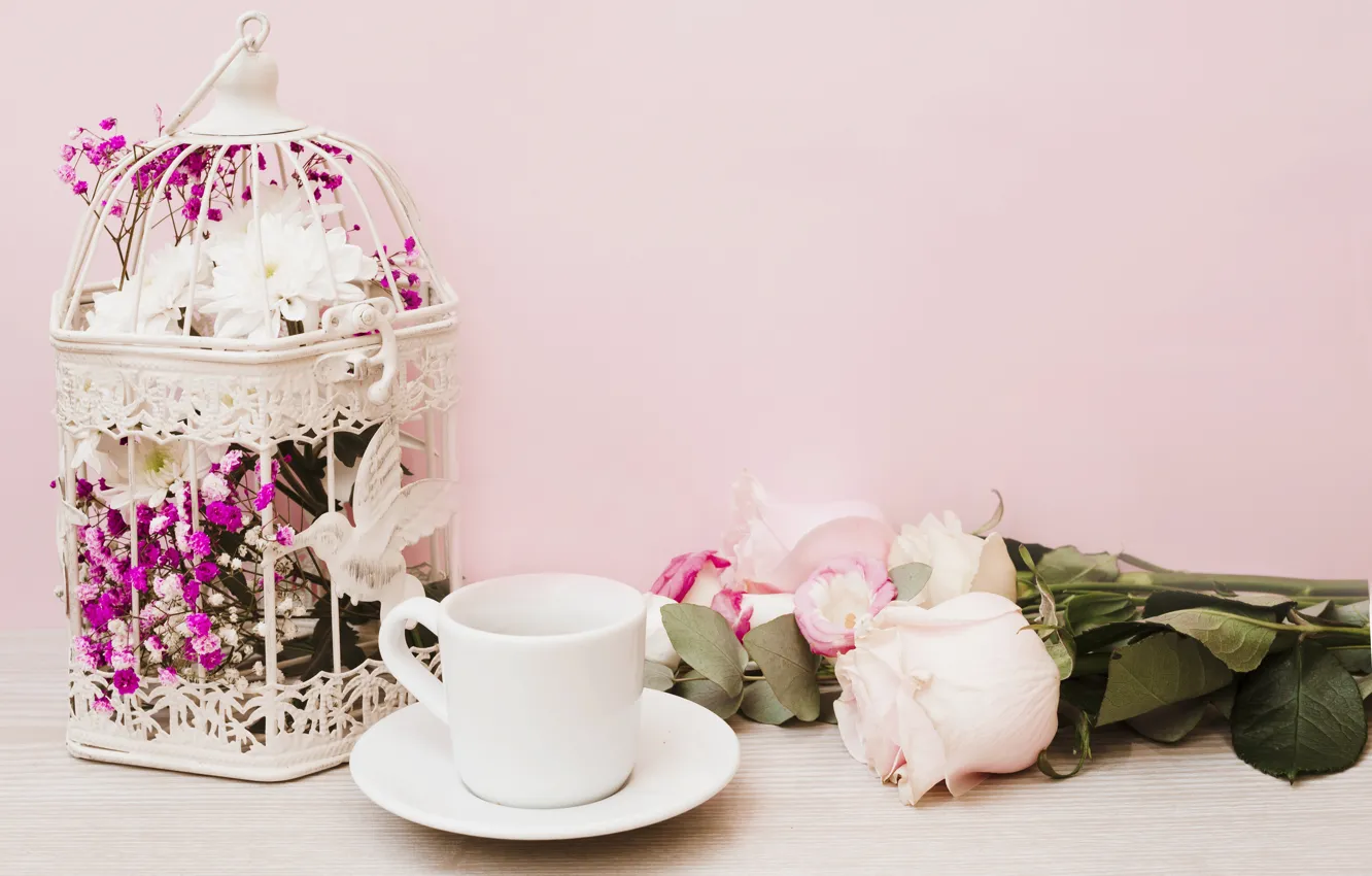 Photo wallpaper flowers, roses, bouquet, pink, flowers, coffee cup, roses, Cup and saucer