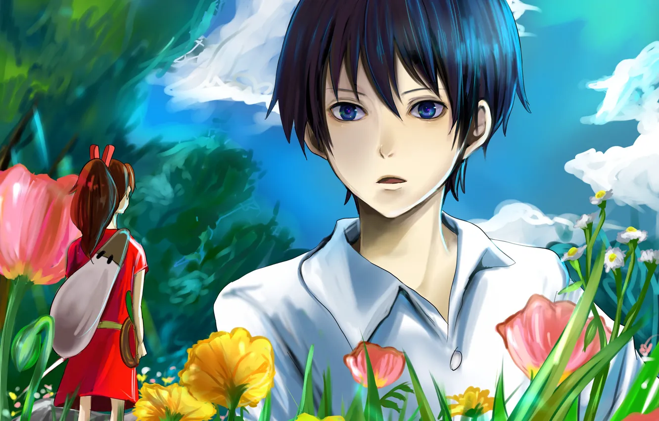 Photo wallpaper the sky, grass, girl, clouds, trees, flowers, anime, art