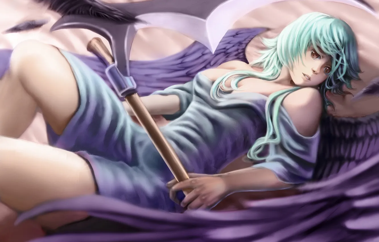 Photo wallpaper girl, weapons, wings, feathers, art, lies, braid