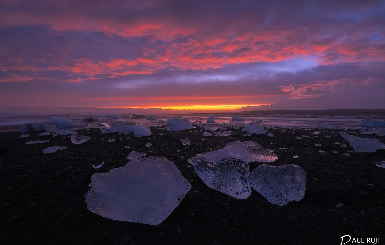 Photo wallpaper beach, shore, ice, the evening, Iceland, the glacial lagoon of Jökulsárlón
