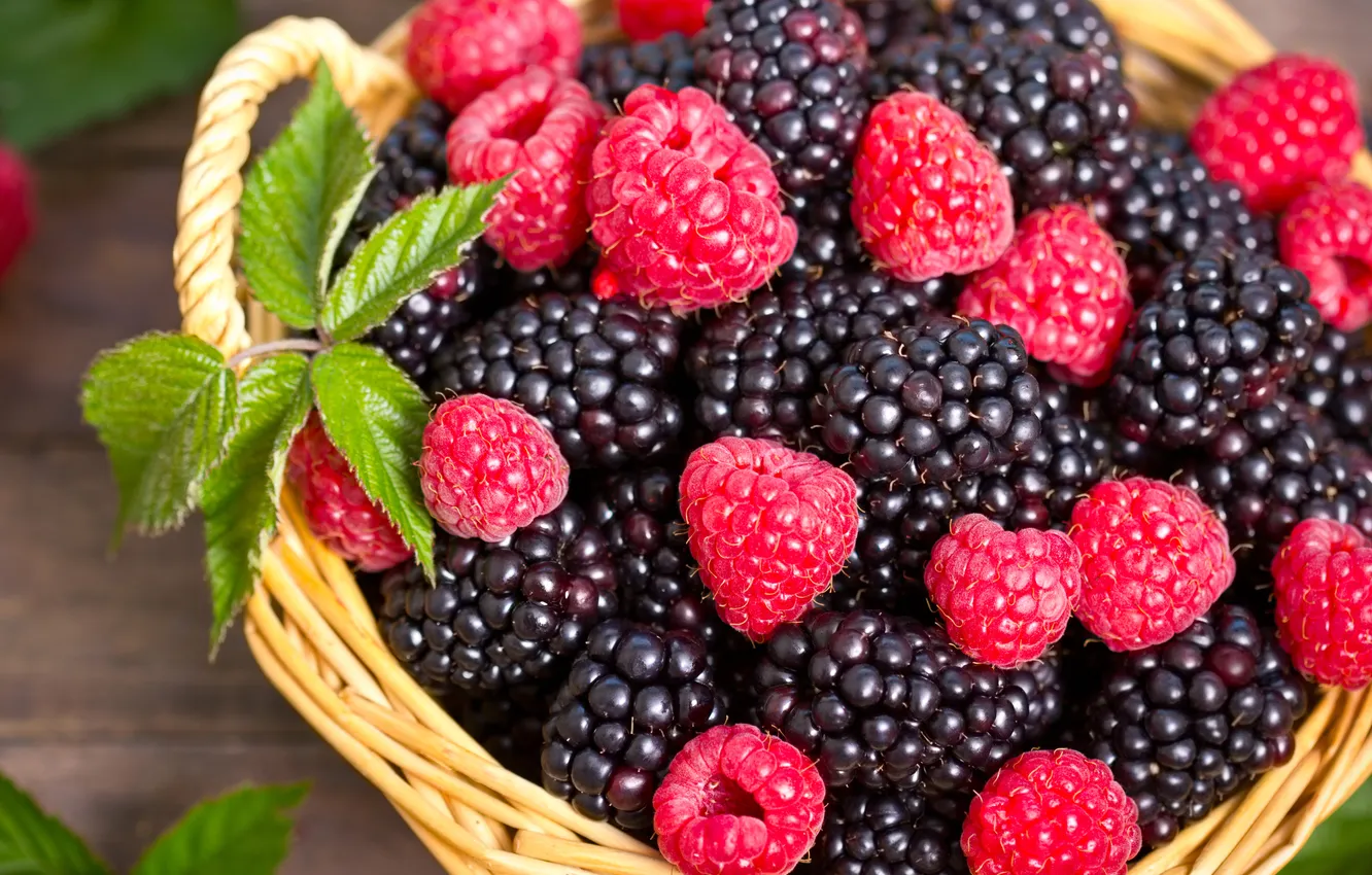 Photo wallpaper berries, raspberry, basket, BlackBerry
