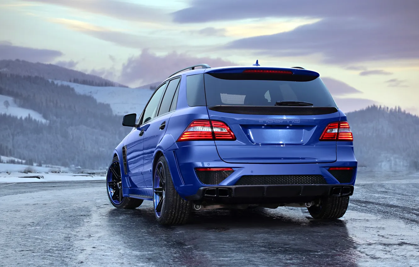 Photo wallpaper Mercedes-Benz, road, AMG, blue, tuning, power, mountain, snow