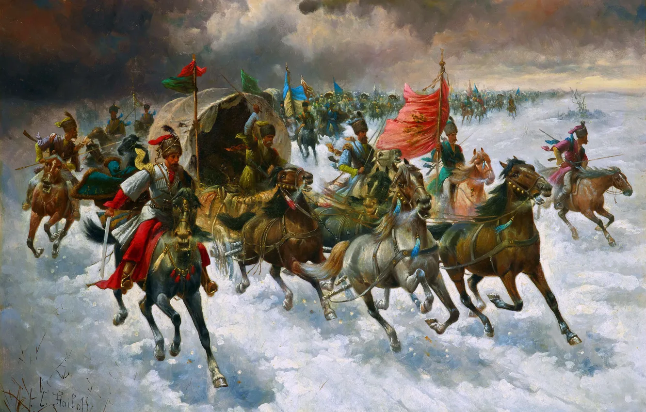 Photo wallpaper horse, picture, soldiers, Cossack, Austrian artist, Caravan of Cossacks, Constantin Stoiloff, Konstantin Stoyloff