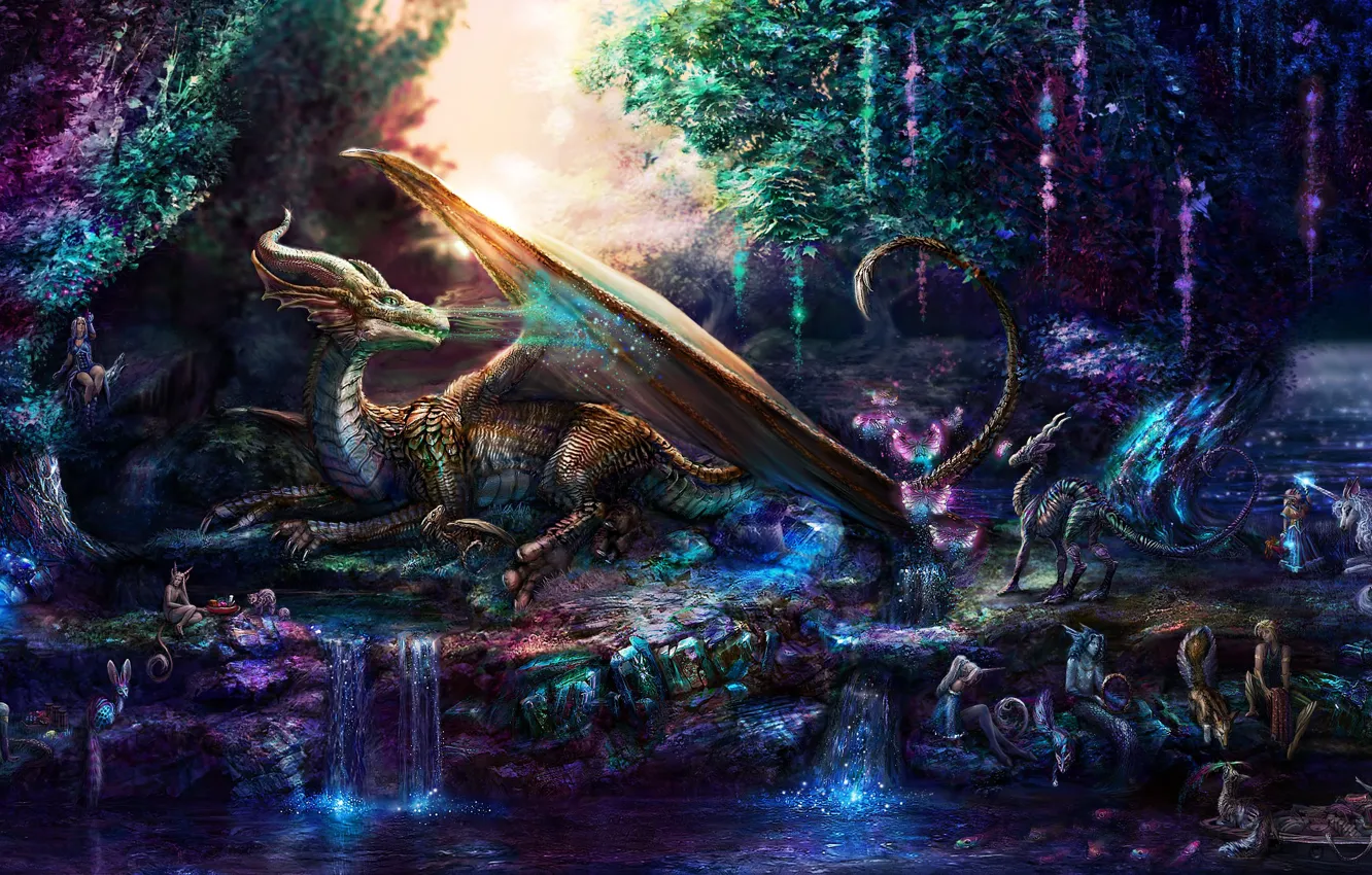 Photo wallpaper dragon, mystic, elves, miracles, fairy forest, fawn