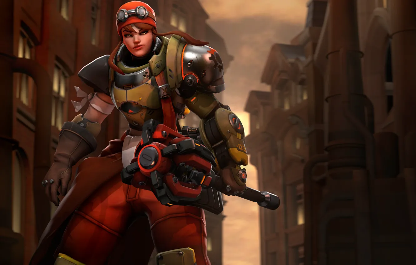 Photo wallpaper girl, glasses, costume, Engineer, Overwatch, Brigitte