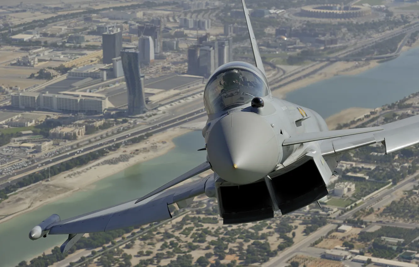 Photo wallpaper flight, the city, fighter, Dubai, multipurpose, Eurofighter Typhoon, "Typhoon"