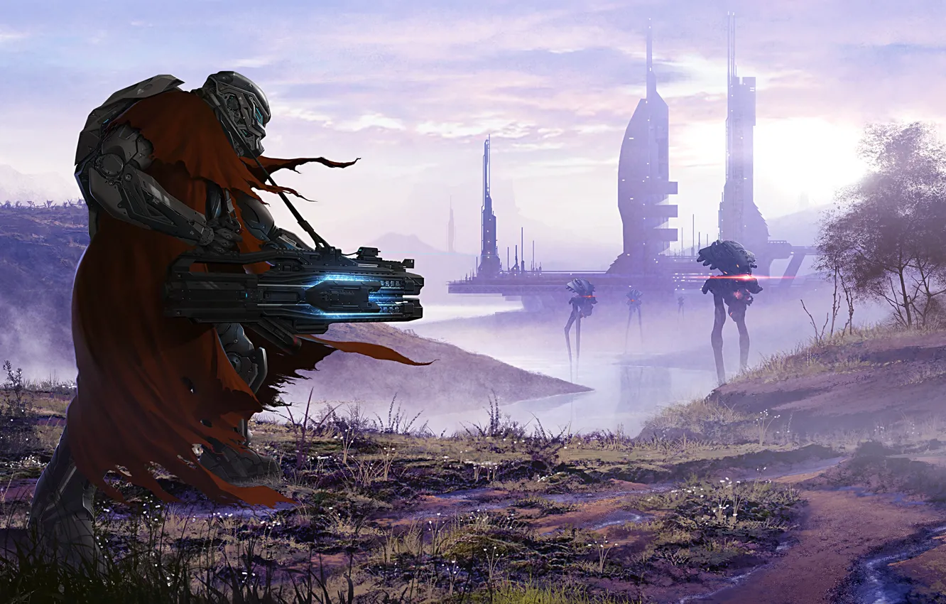 Photo wallpaper the city, weapons, fiction, robot, skyscrapers, soldiers, costume, helmet