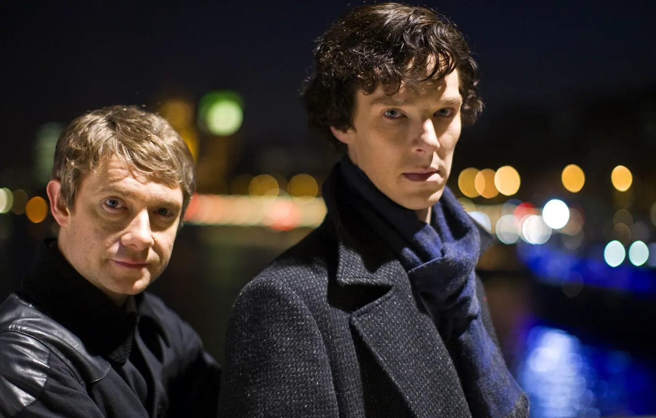 Photo wallpaper night, background, Martin Freeman, Benedict Cumberbatch, Benedict Cumberbatch, Sherlock, Sherlock BBC, Sherlock Holmes
