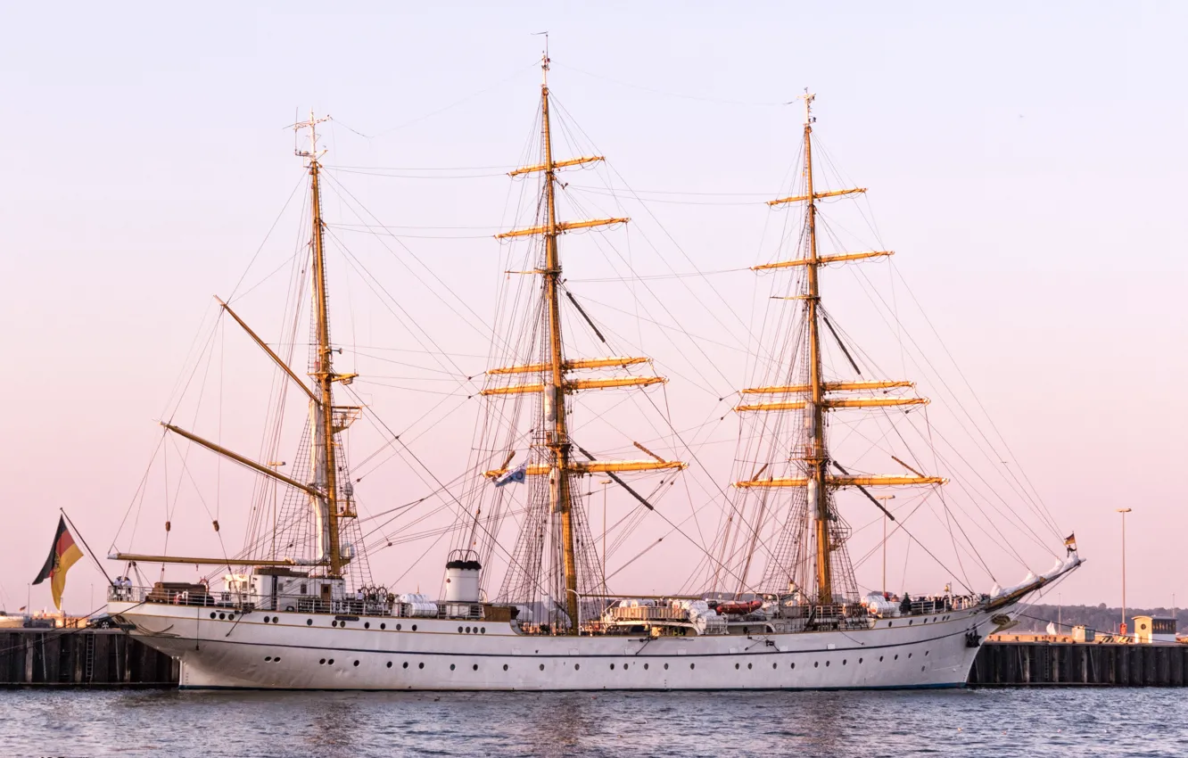 Photo wallpaper Pier, Ship, Sailboat, Mast, The ship, Bark, Gorch Fock, by Pixabay