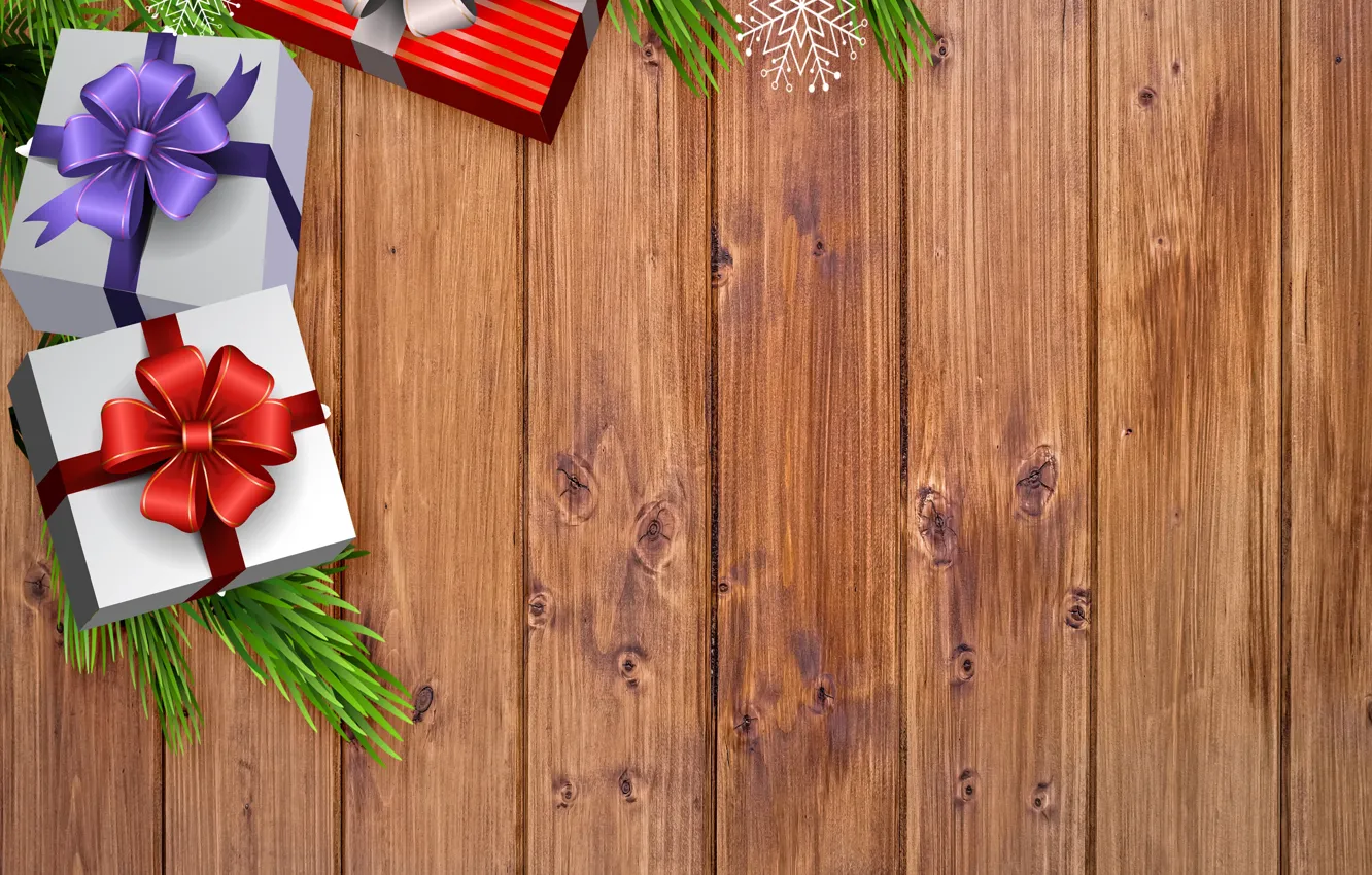 Photo wallpaper branch, New Year, Christmas, gifts, needles, box