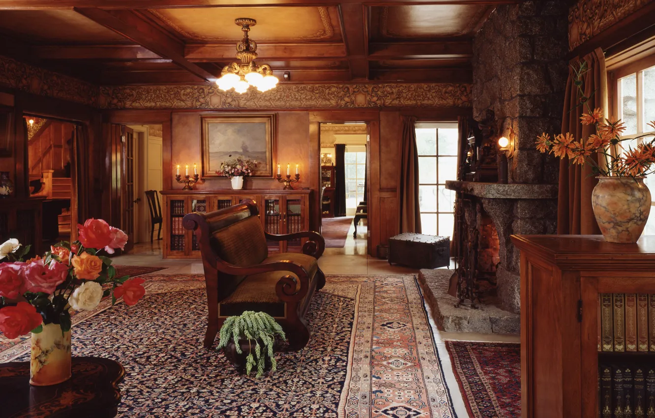Photo wallpaper design, room, interior, fireplace, living room, English style, Lanterman House