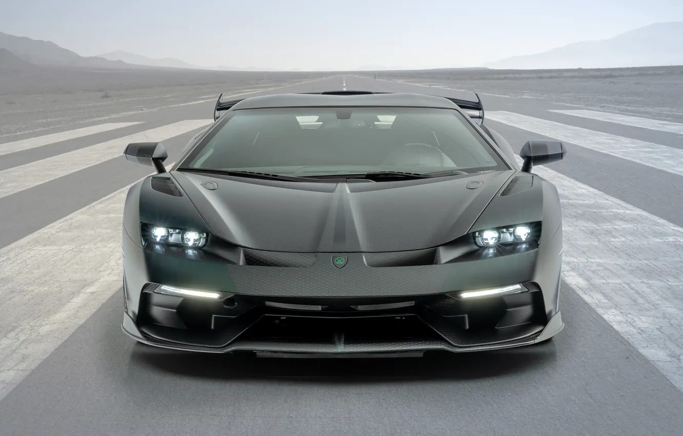 Photo wallpaper road, black, Lamborghini, black, road, Front, Aventador, Mansory