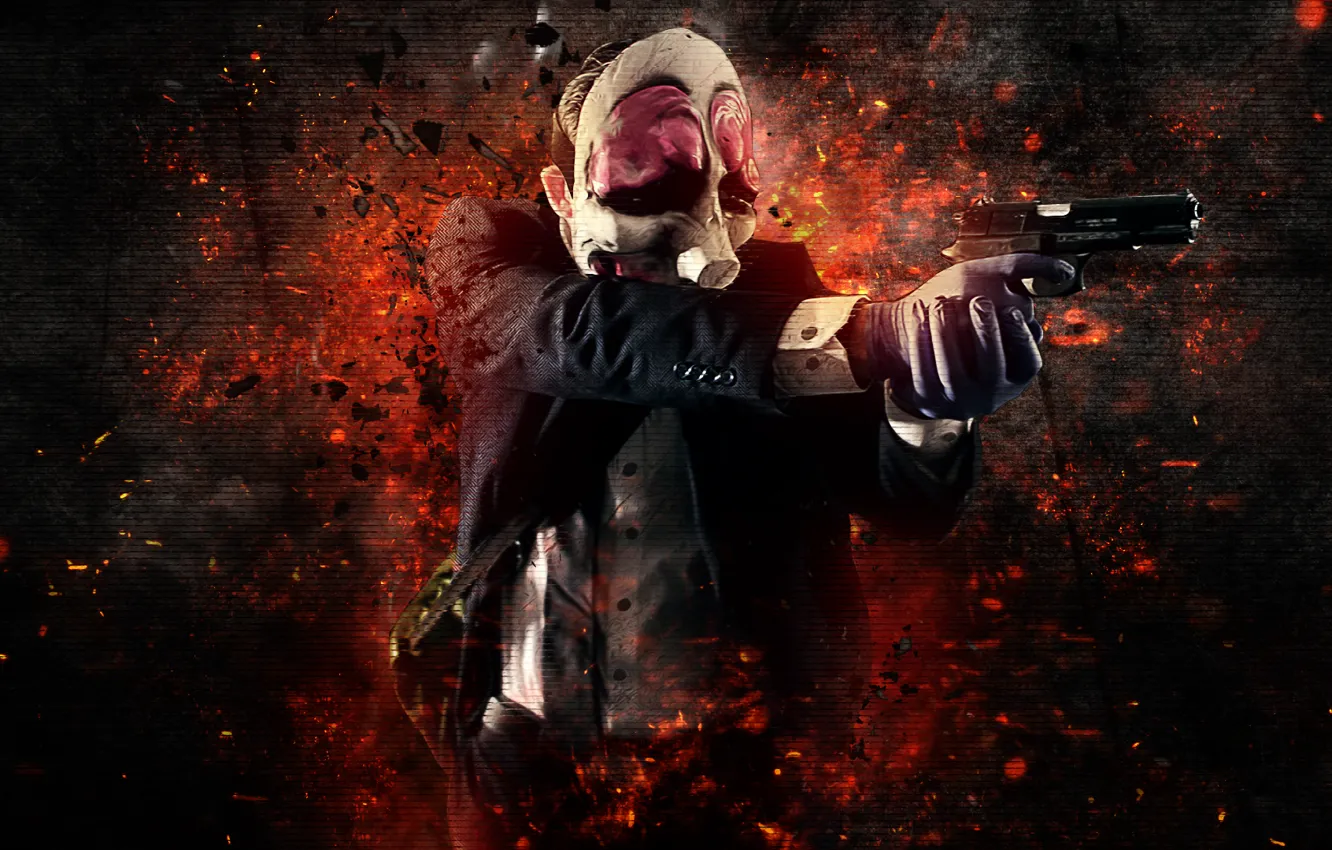 Photo wallpaper Gun, Background, Weapon, Money, Mask, Payday: The Heist, Video Game, Overkill Software
