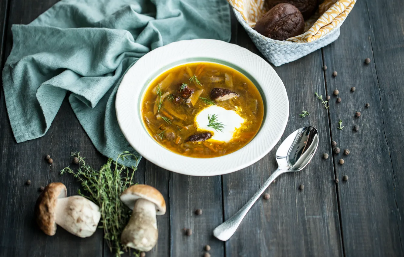 Photo wallpaper mushrooms, napkin, Cutlery, mushroom soup, the first dish