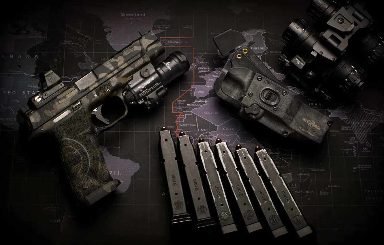 Photo wallpaper gun, flashlight, binoculars, clip