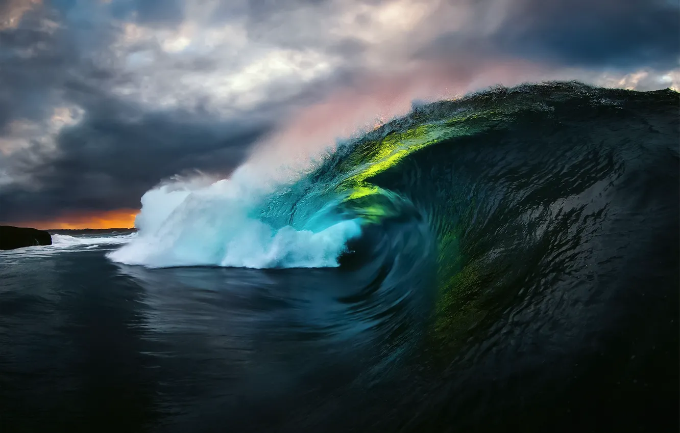 Photo wallpaper sea, wave, the sky, water, clouds, sunset, nature, the ocean