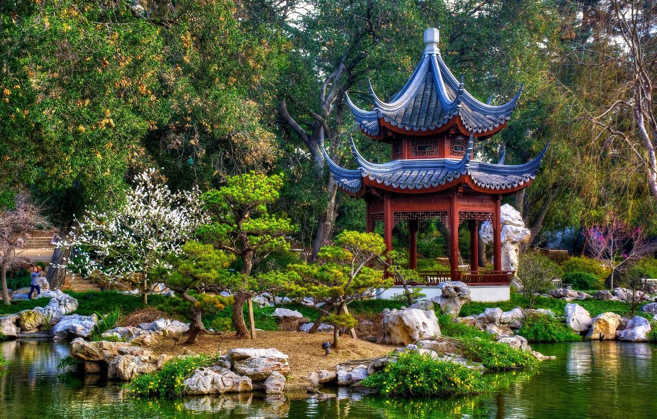 Photo wallpaper trees, pond, Park, CA, gazebo, Japanese garden, California, San Marino