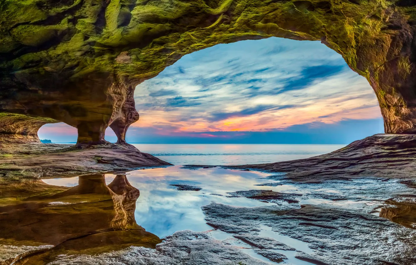 Photo wallpaper rock, Michigan, arch, USA, the grotto, lake superior, Piccard Rocks National Lakeshore