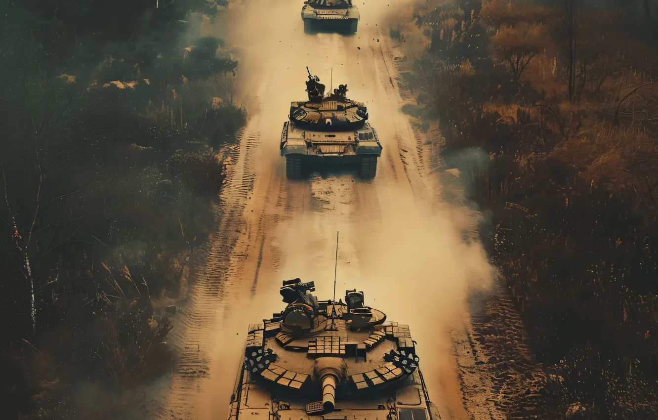 Photo wallpaper road, retro, dust, tank, columns, digital art, AI art, The Art of Artificial Intelligence