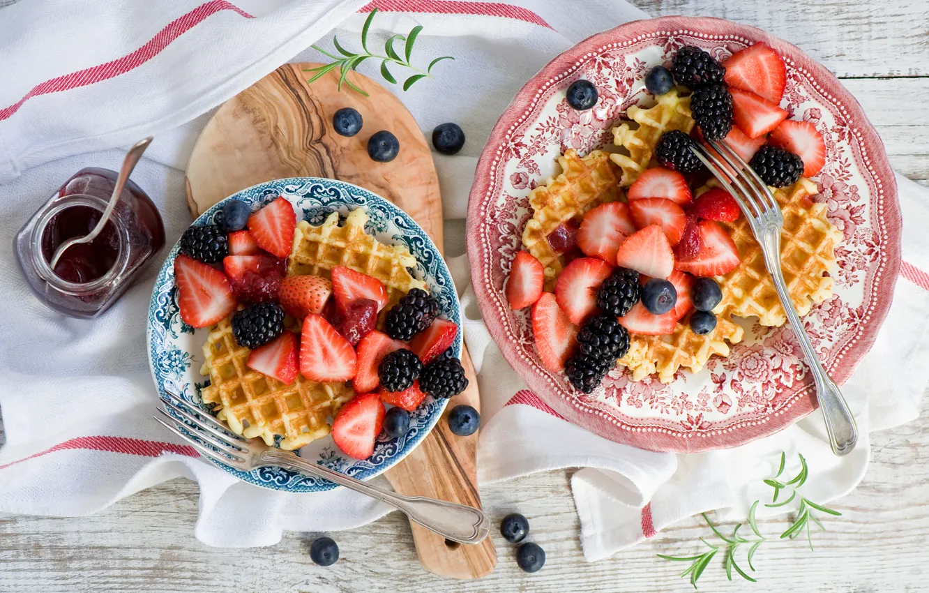 Photo wallpaper berries, food, blueberries, strawberry, waffles, cakes, BlackBerry, jam