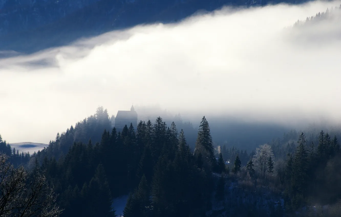 Photo wallpaper winter, forest, landscape, fog, Church