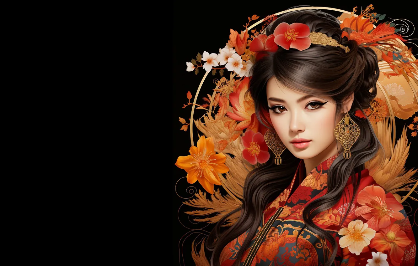 Photo wallpaper girl, flowers, asian, AI Art