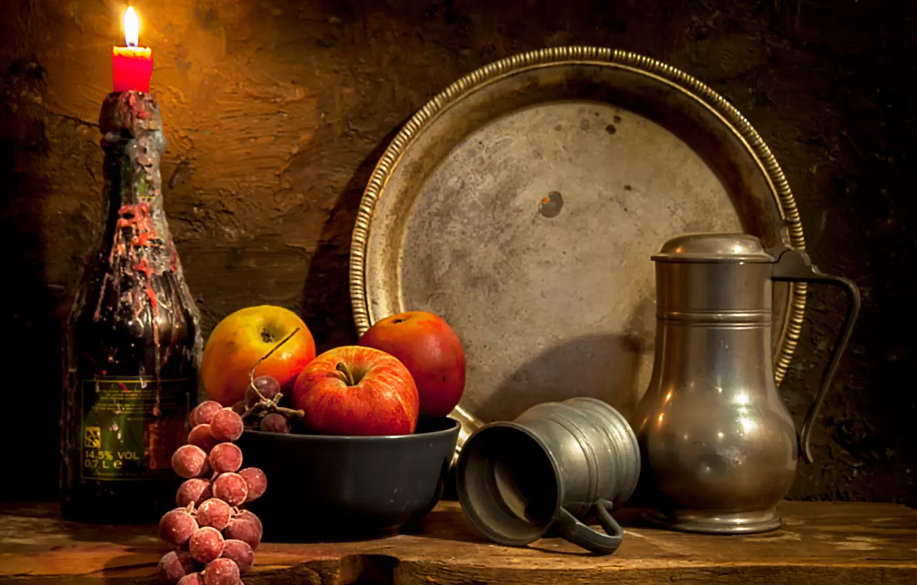 Photo wallpaper candles, pitcher, still life, dish, bunch of grapes, An image of the past