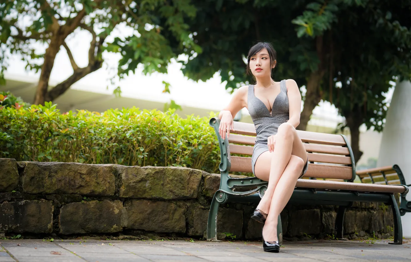 Photo wallpaper sexy, feet, neckline, Asian, bench, dress