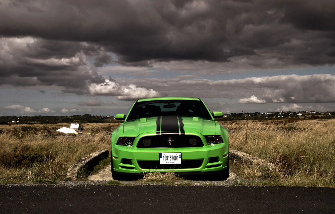 Photo wallpaper road, field, machine, the sky, clouds, green, Mustang, Ford