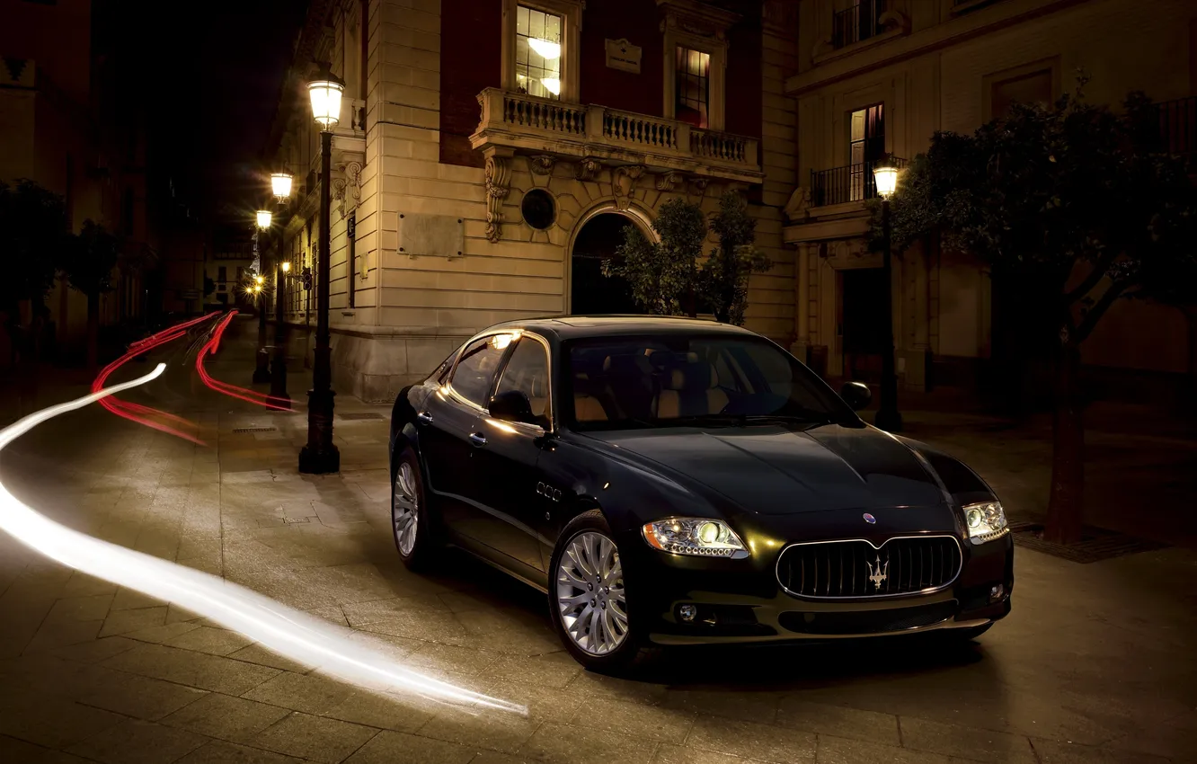Photo wallpaper rays, light, lights, Maserati, Quattroporte, building, lights, on the spot