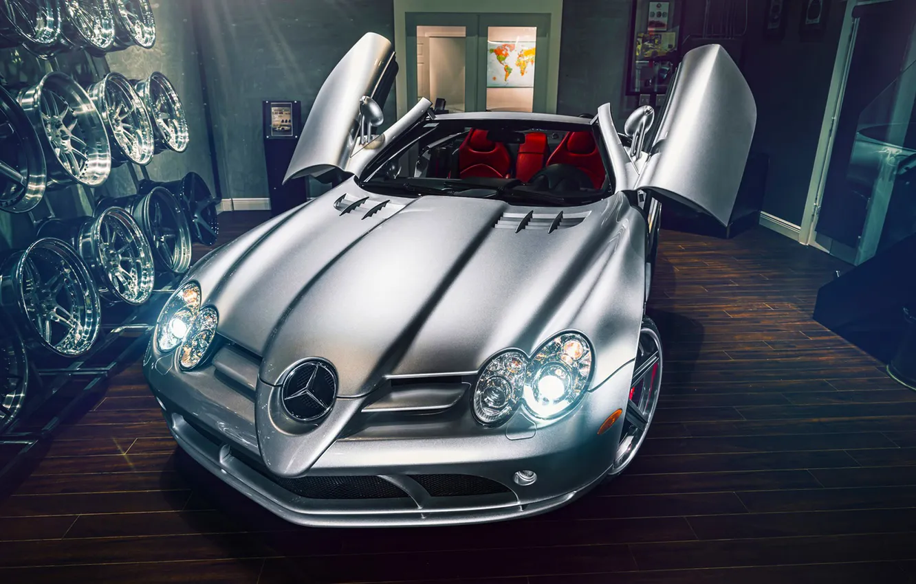 Photo wallpaper Mercedes-Benz, SLR, Front, AMG, tuning, Supercar, Silver, Wheels