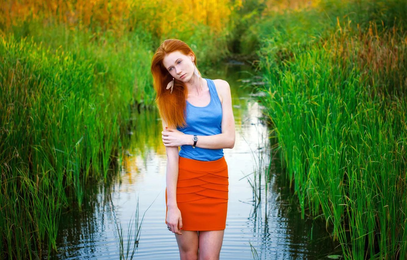 Photo wallpaper pond, hair, skirt, reed, red