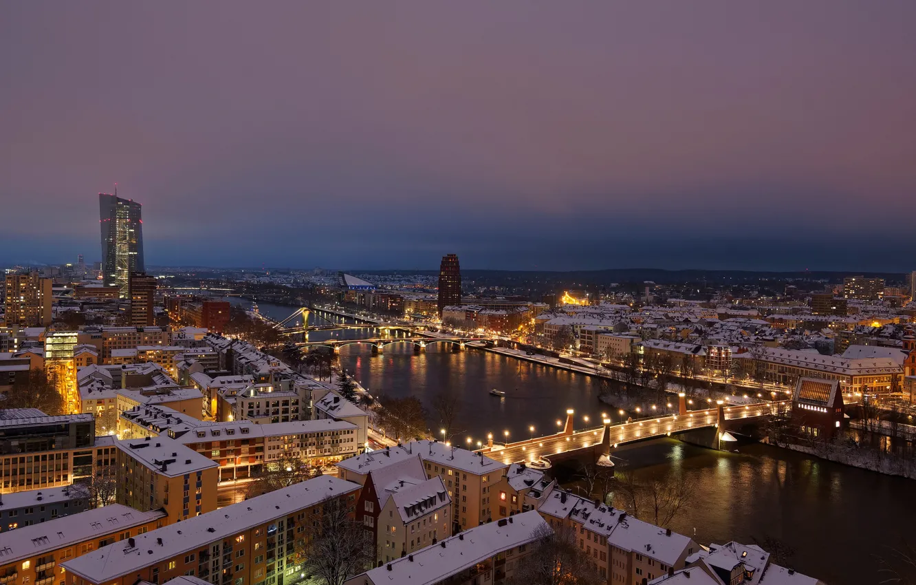 Photo wallpaper winter, snow, night, lights, river, home, Germany, roof