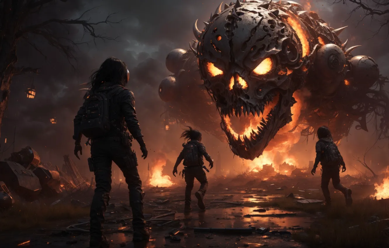 Photo wallpaper widescreen, military, skulls, people, Gothic, children, Surrealism, neural network