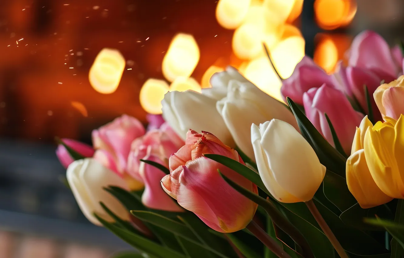 Photo wallpaper flowers, holiday, bouquet, spring, tulips, March 8, AI art, universal holiday background