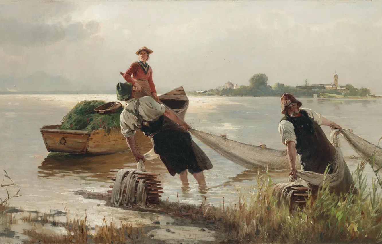 Photo wallpaper 1880, German painter, German painter, oil on canvas, Carl Raup, Karl Raupp, Chiemseefischer, Fishermen on …