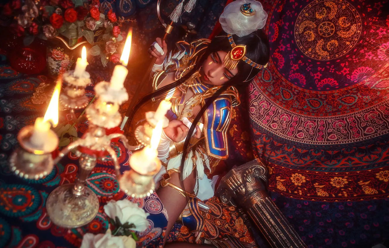 Photo wallpaper girl, carpet, East, girl, Asian, beauty, ornament, candle holder