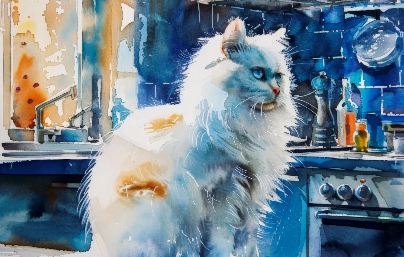 Photo wallpaper cat, white, cat, art, kitchen, digital art, imitation painting, AI art