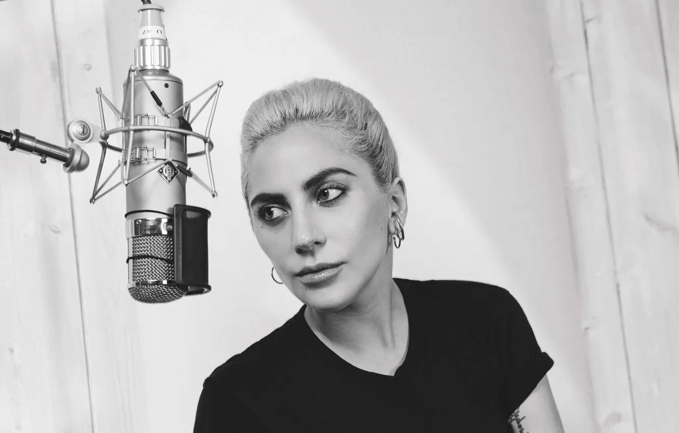 Photo wallpaper photo, makeup, t-shirt, hairstyle, black and white, microphone, singer, Studio