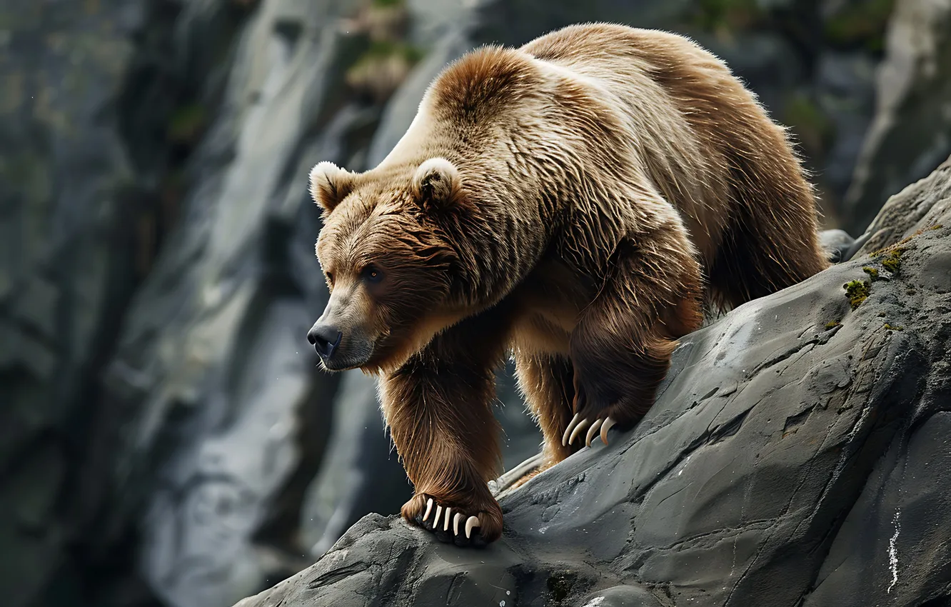 Photo wallpaper look, rocks, predator, bear, claws, brown bear, digital art, AI art