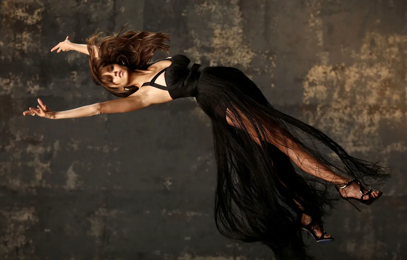 Photo wallpaper girl, background, black, hair, dress, actress, shoes, studs