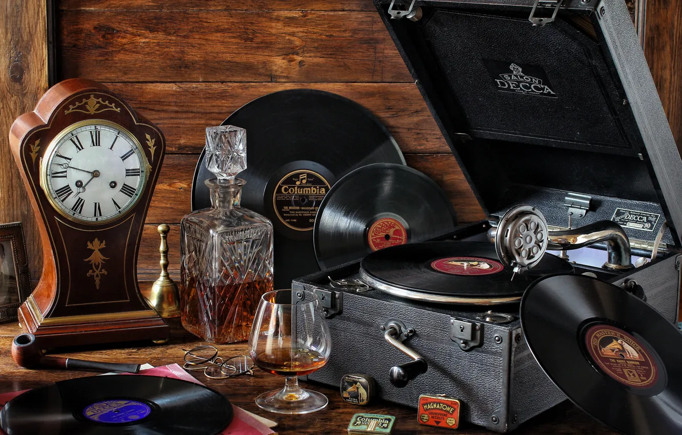 Photo wallpaper style, retro, watch, glass, cognac, records, vintage, decanter