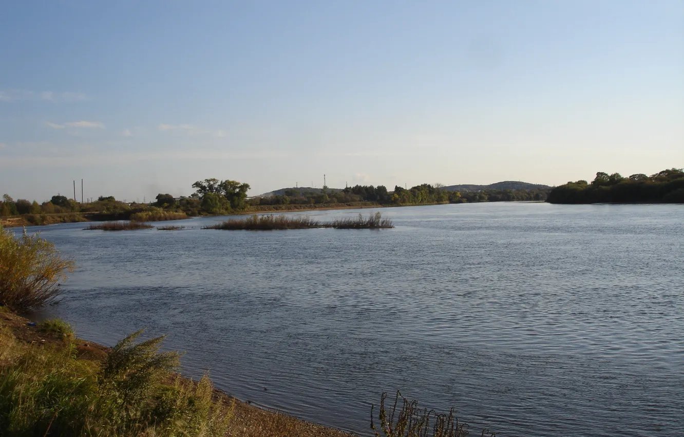 Photo wallpaper the sky, trees, landscape, river, shore