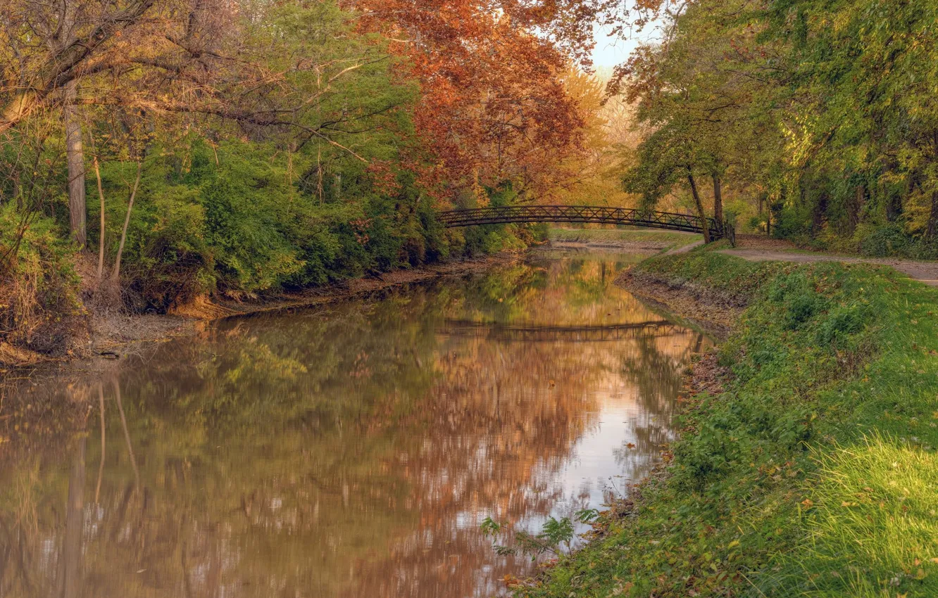 Photo wallpaper autumn, landscape, bridge, nature, river, beauty
