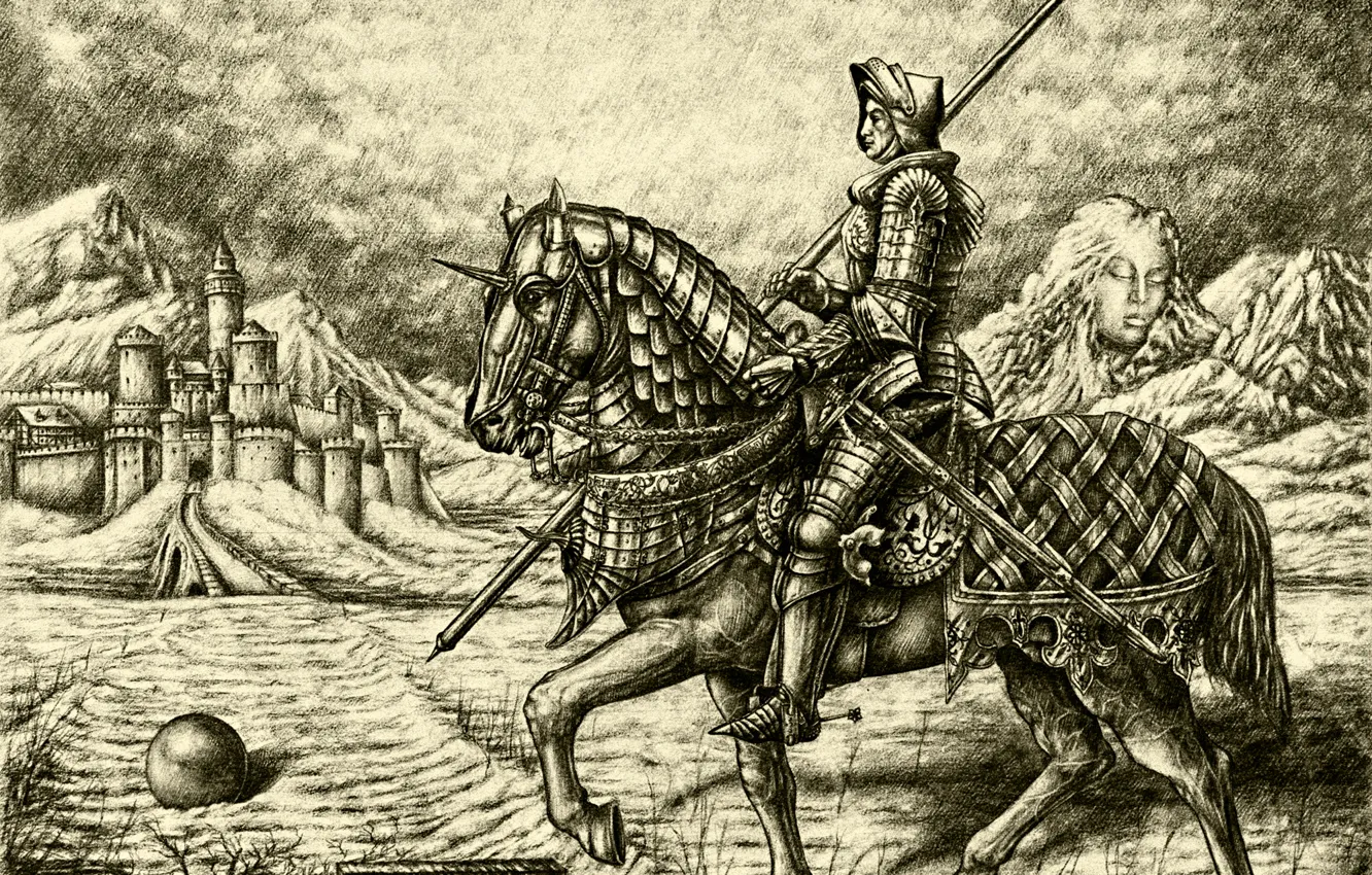 Photo wallpaper horse, figure, graphics, armor, rider, fortress, the middle ages, Knight